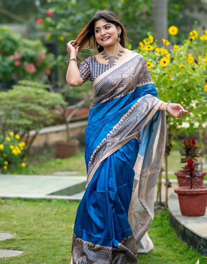 Blue Tussar Silk Saree With Madhubani Printed Work