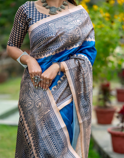 Blue Tussar Silk Saree With Madhubani Printed Work