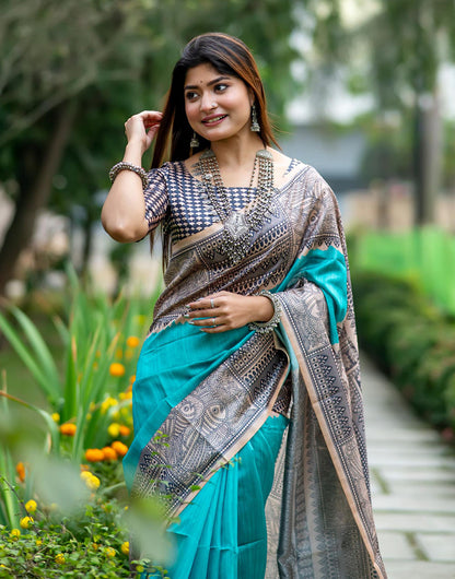 Sky Blue Tussar Silk Saree With Madhubani Printed Work