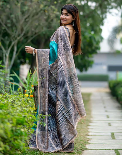 Sky Blue Tussar Silk Saree With Madhubani Printed Work