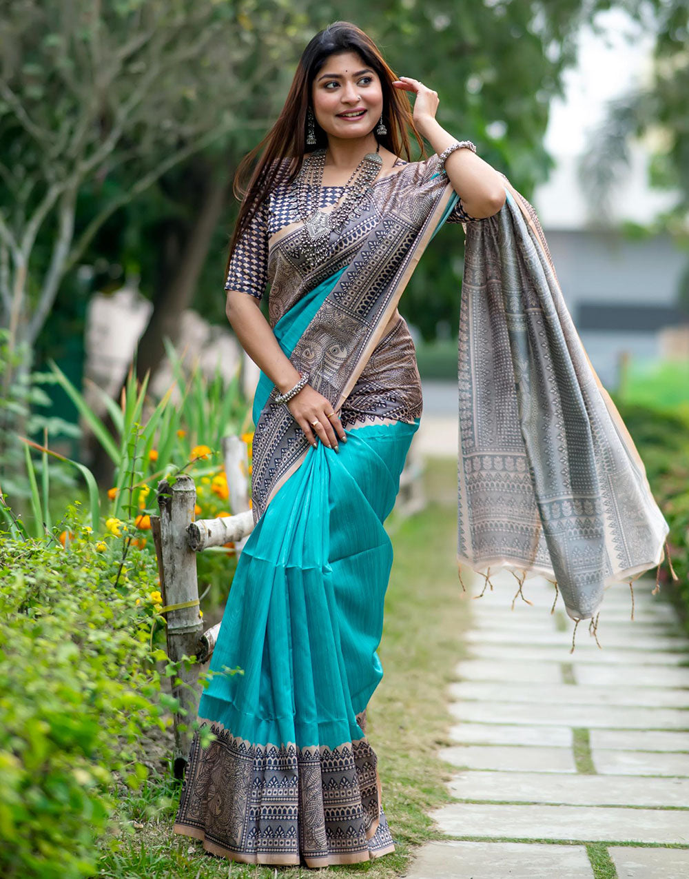 Sky Blue Tussar Silk Saree With Madhubani Printed Work