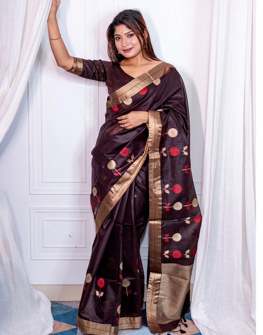 Dark Brown Linen Silk Saree With Zari Weaving Work