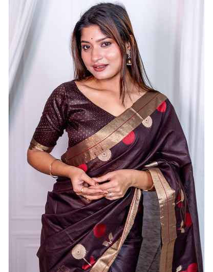 Dark Brown Linen Silk Saree With Zari Weaving Work