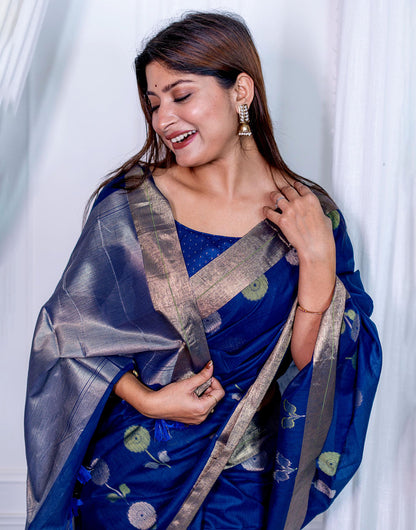 Blue Linen Silk Saree With Zari Weaving Work