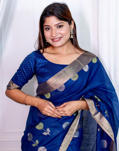 Blue Linen Silk Saree With Zari Weaving Work