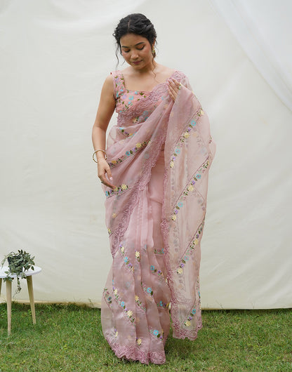 Crepe Pink Organza Saree With Embroidery Work