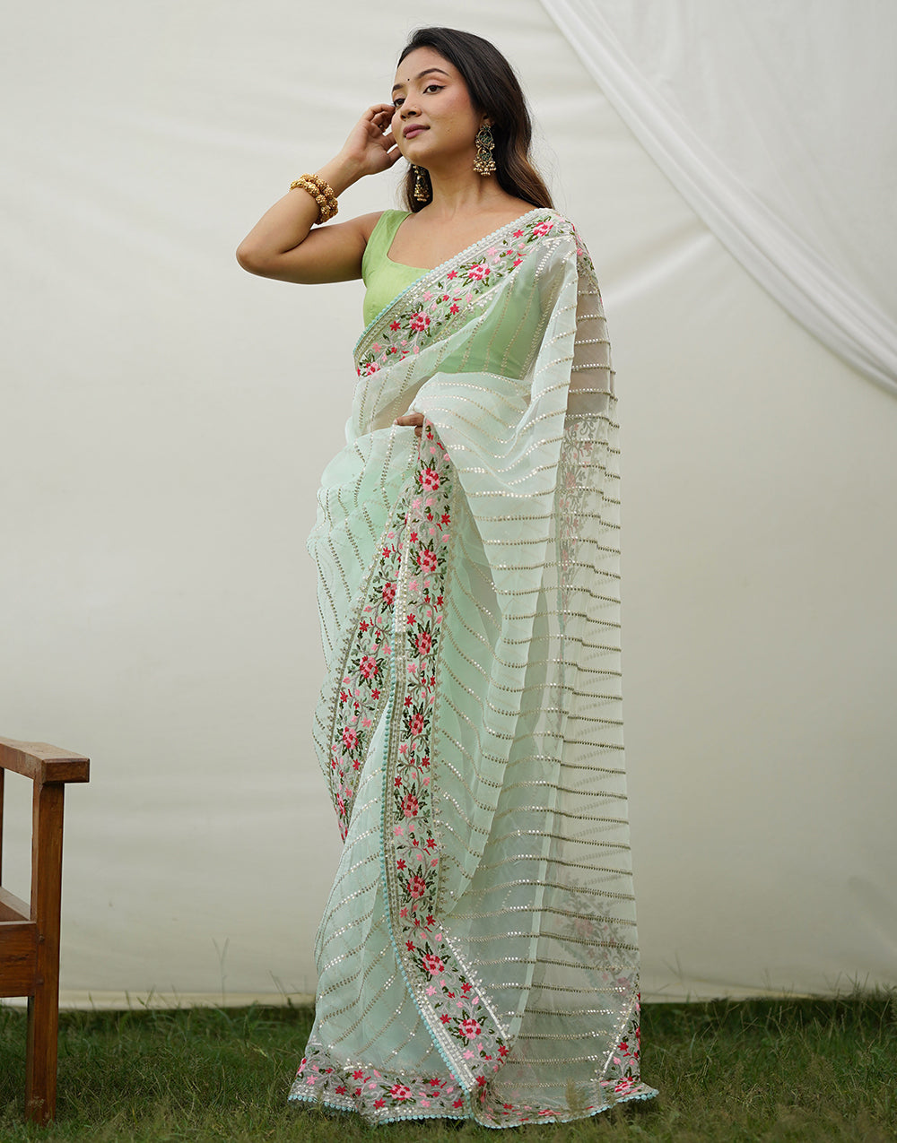 Sea Green Organza Saree With Sequence Embroidery & Lace Border