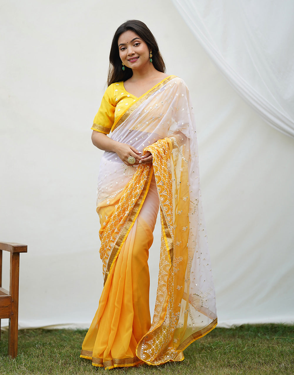 Yellow Georgette Saree With Thread Embroidery & Lace Border Work