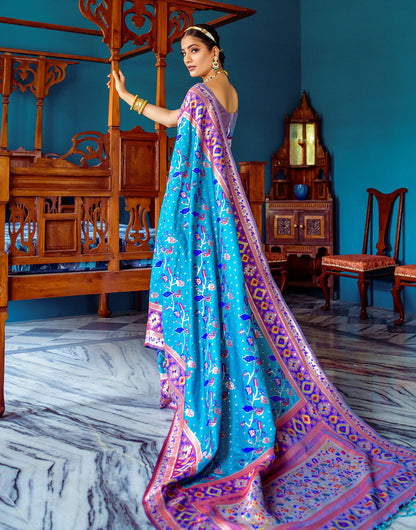 Sky Blue Paithani Silk Saree With Zari Weaving Work