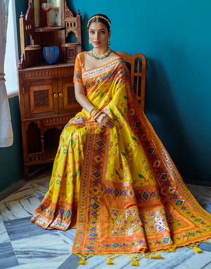 Yellow Paithani Silk Saree With Zari Weaving Work