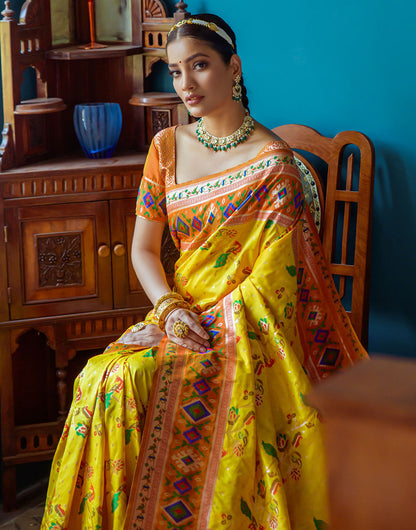 Yellow Paithani Silk Saree With Zari Weaving Work