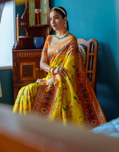 Yellow Paithani Silk Saree With Zari Weaving Work