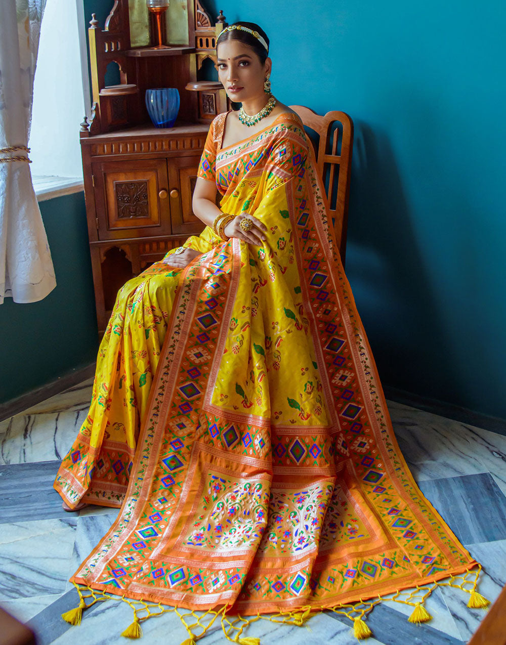 Yellow Paithani Silk Saree With Zari Weaving Work