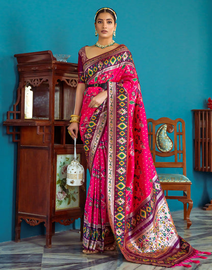 Rani Pink Paithani Silk Saree With Zari Weaving Work