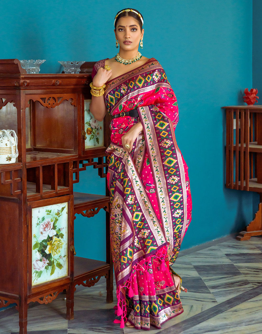 Rani Pink Paithani Silk Saree With Zari Weaving Work