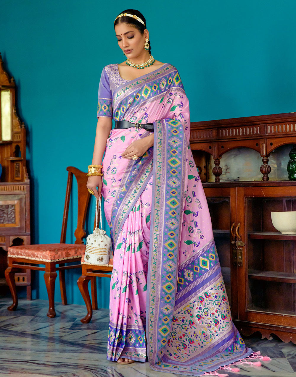 Baby Pink Paithani Silk Saree With Zari Weaving Work