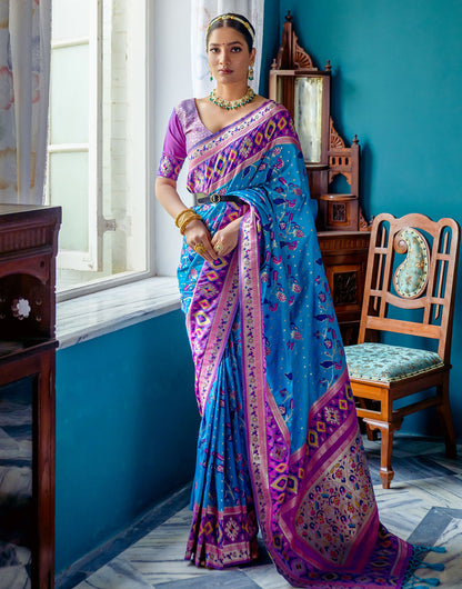 Cerulean Blue Paithani Silk Saree With Zari Weaving Work