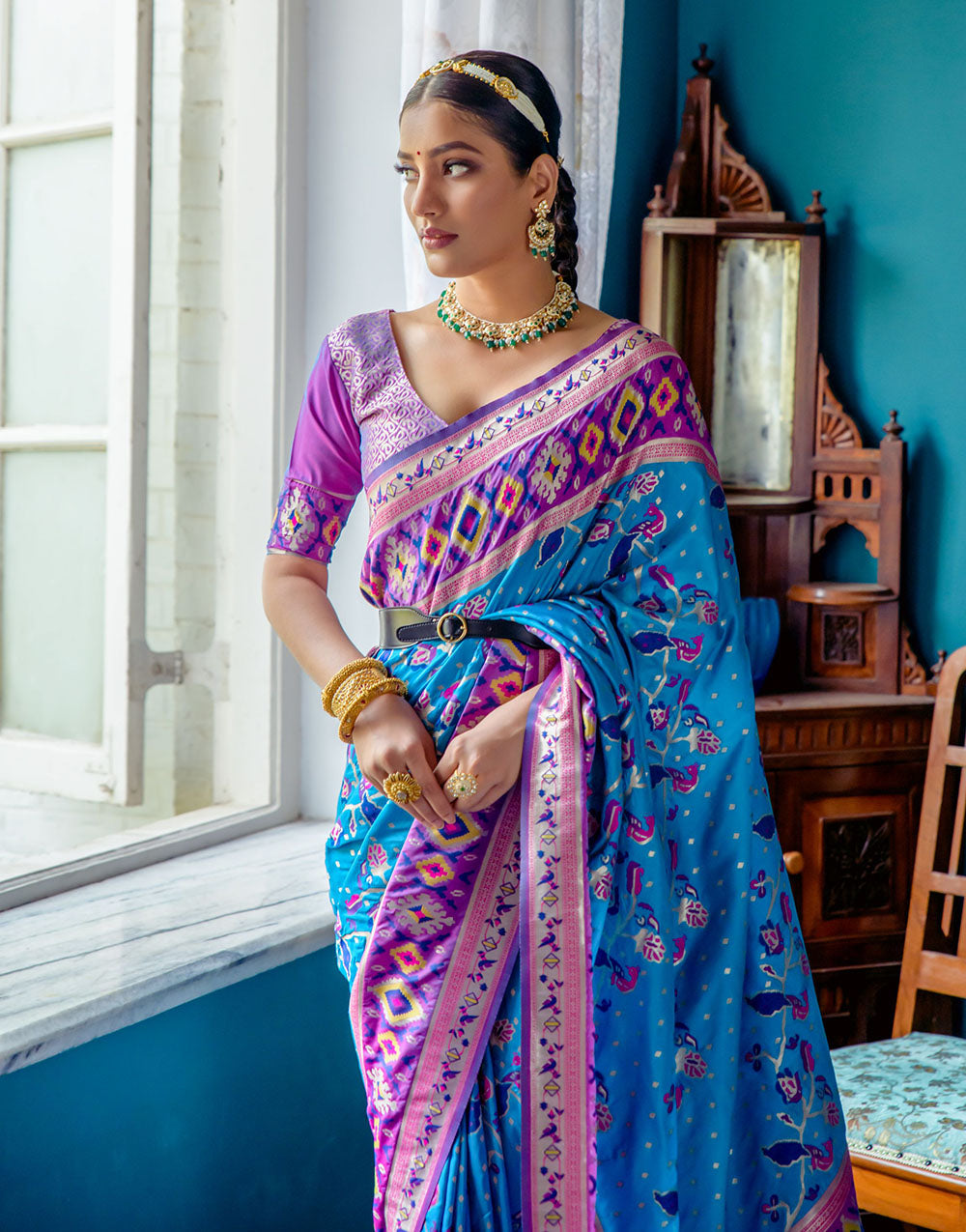 Cerulean Blue Paithani Silk Saree With Zari Weaving Work