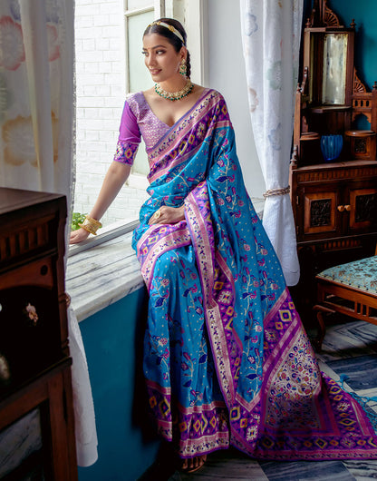 Cerulean Blue Paithani Silk Saree With Zari Weaving Work