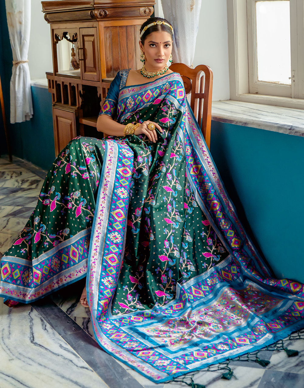 Dark Green Paithani Silk Saree With Zari Weaving Work