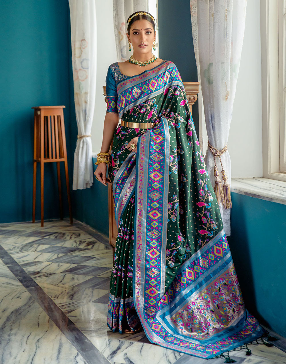 Dark Green Paithani Silk Saree With Zari Weaving Work