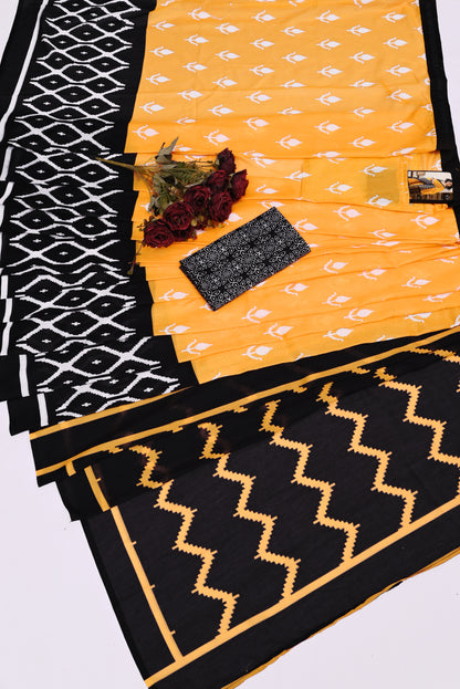 Yellow Black Mul Cotton Ready To Wear Saree With Pocket
