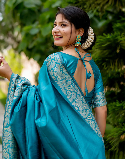 Sky Blue Handloom Raw Silk Saree With Weaving Work