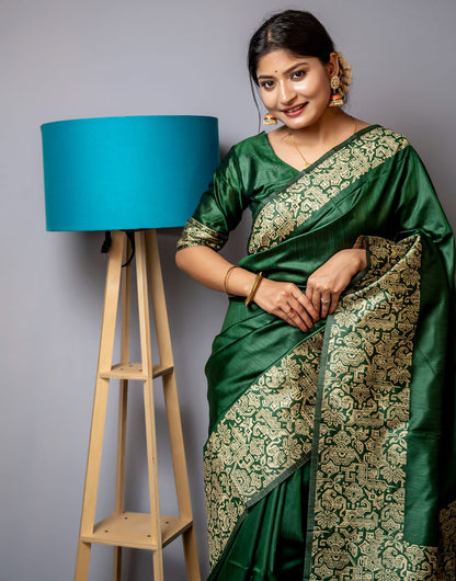 Green Handloom Raw Silk Saree With Weaving Work