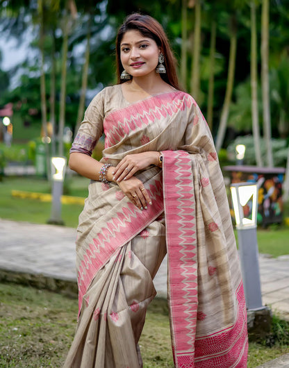 Light Pink & Beige Tussar Silk Saree With Weaving Work