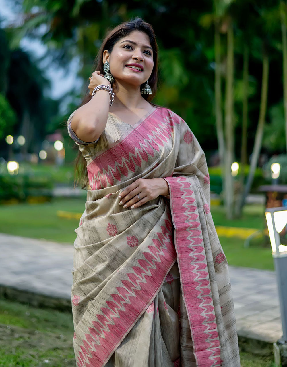 Light Pink & Beige Tussar Silk Saree With Weaving Work