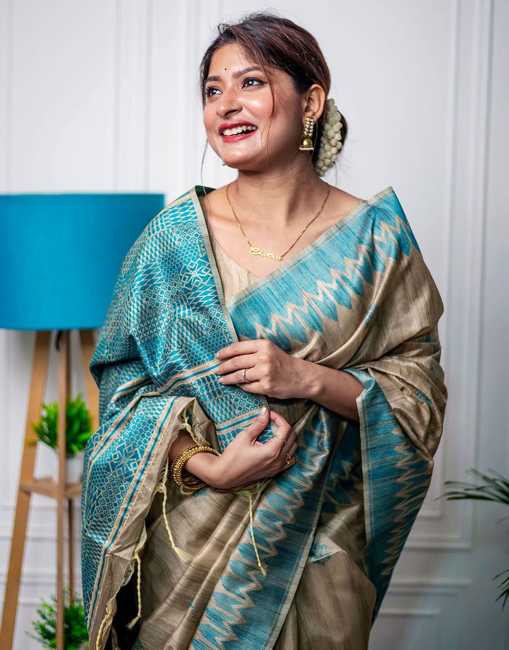 Sea Blue & Beige Tussar Silk Saree With Weaving Work