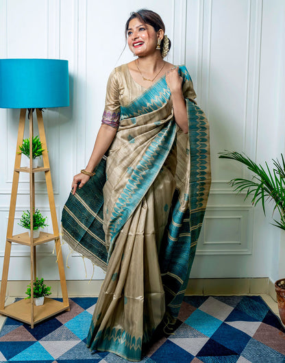 Sea Blue & Beige Tussar Silk Saree With Weaving Work