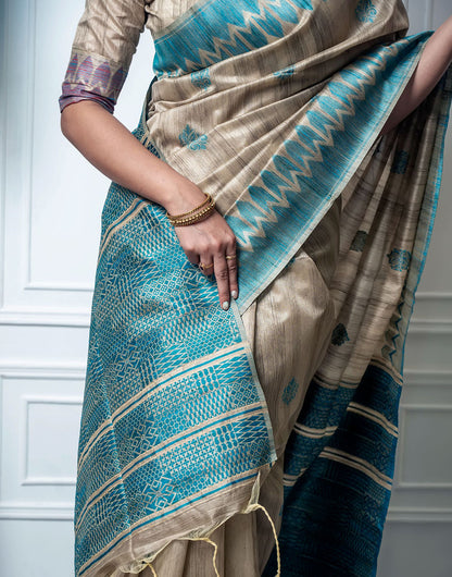 Sea Blue & Beige Tussar Silk Saree With Weaving Work