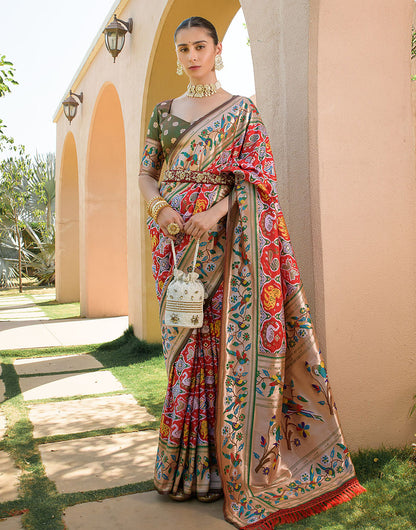 Red Paithani Silk Saree With Zari Weaving Work