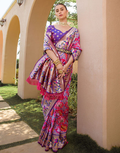 Ruby Pink Paithani Silk Saree With Zari Weaving Work