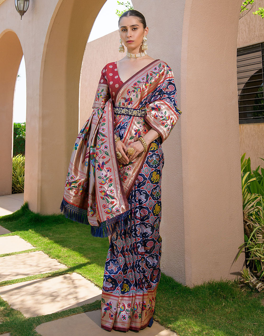 Dark Navy Blue Paithani Silk Saree With Zari Weaving Work