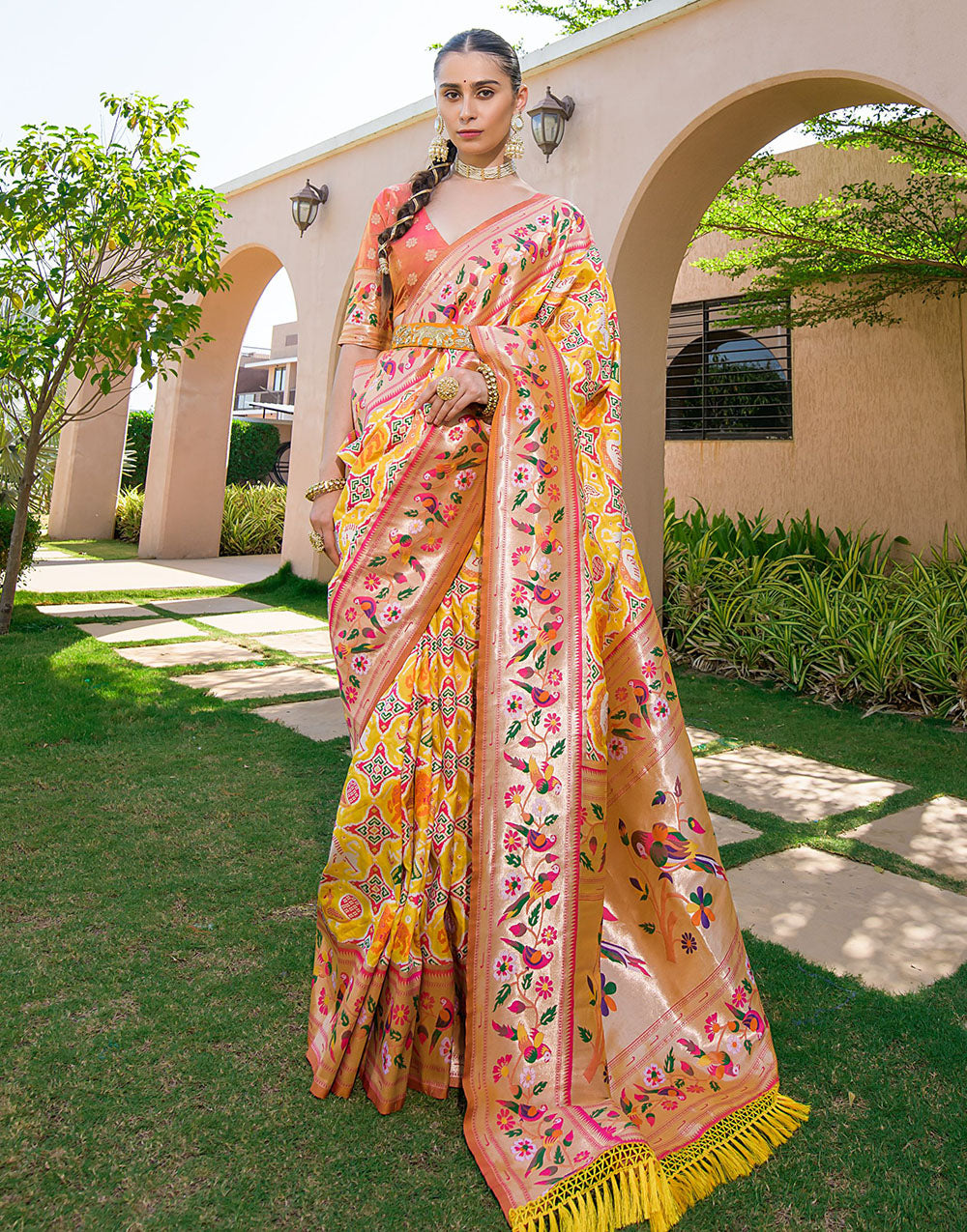 Yellow Paithani Silk Saree With Zari Weaving Work