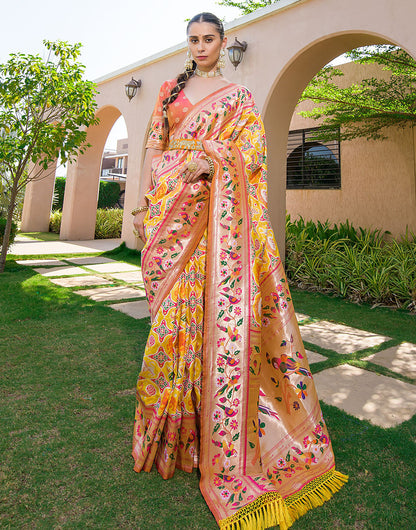 Yellow Paithani Silk Saree With Zari Weaving Work