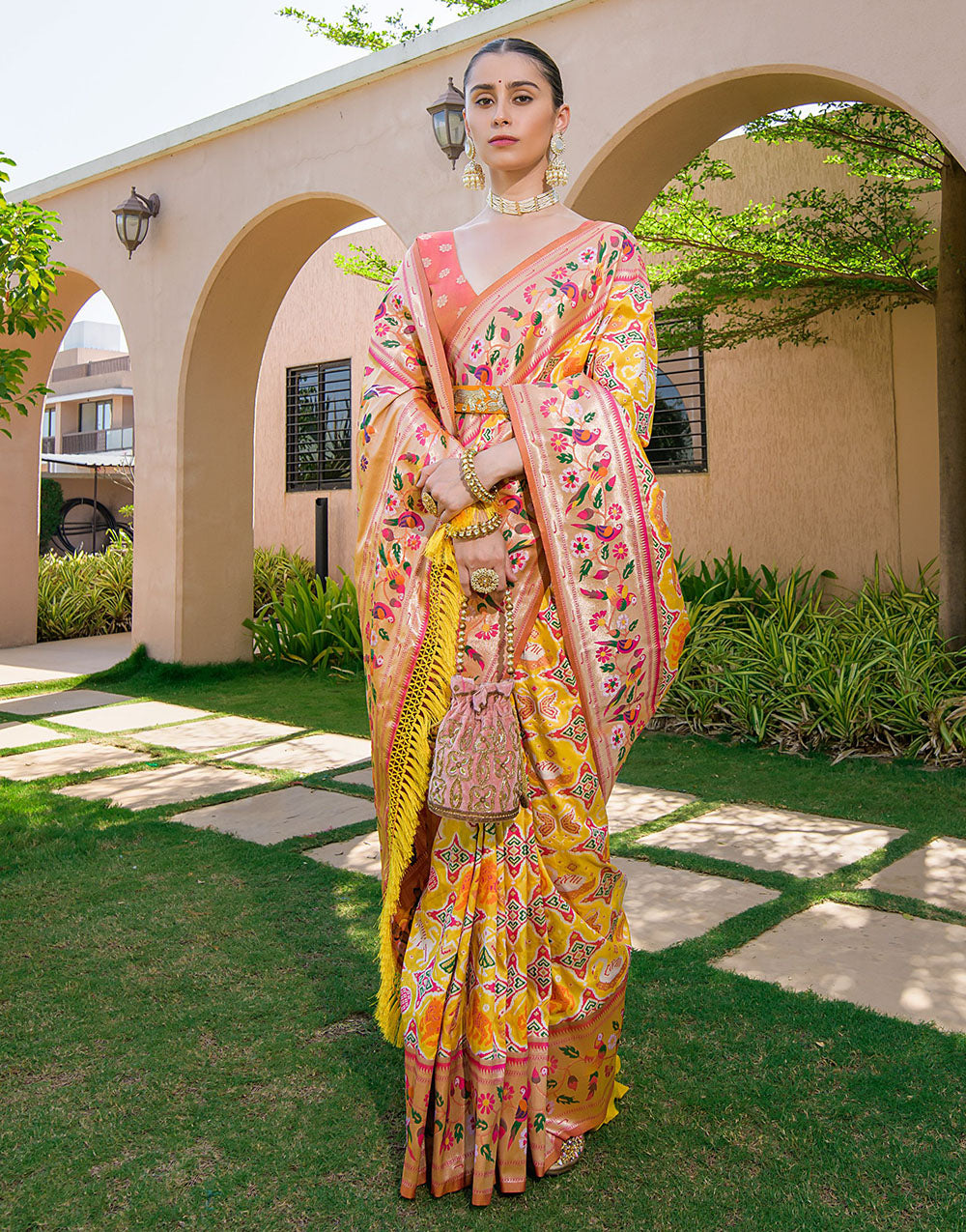 Yellow Paithani Silk Saree With Zari Weaving Work