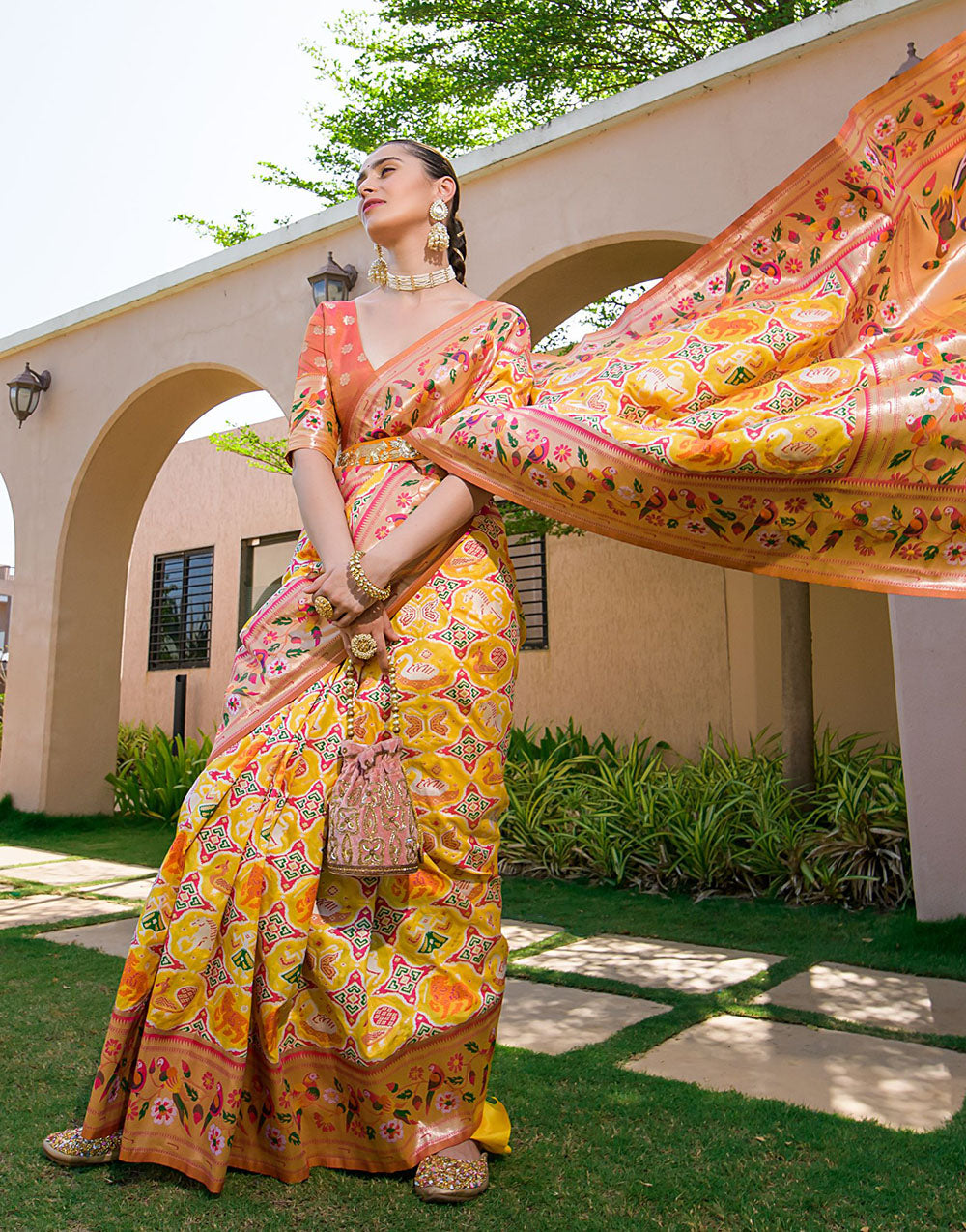 Yellow Paithani Silk Saree With Zari Weaving Work