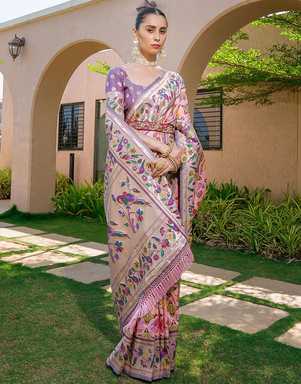 Light Pink Paithani Silk Saree With Zari Weaving Work