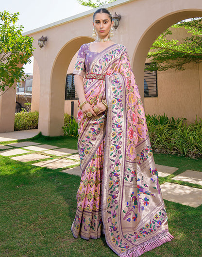 Light Pink Paithani Silk Saree With Zari Weaving Work