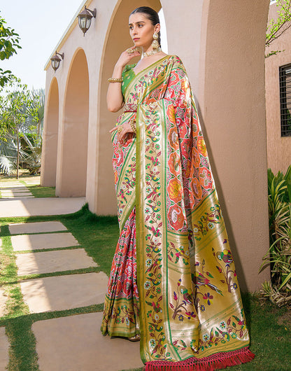 Apricot Orange Paithani Silk Saree With Zari Weaving Work