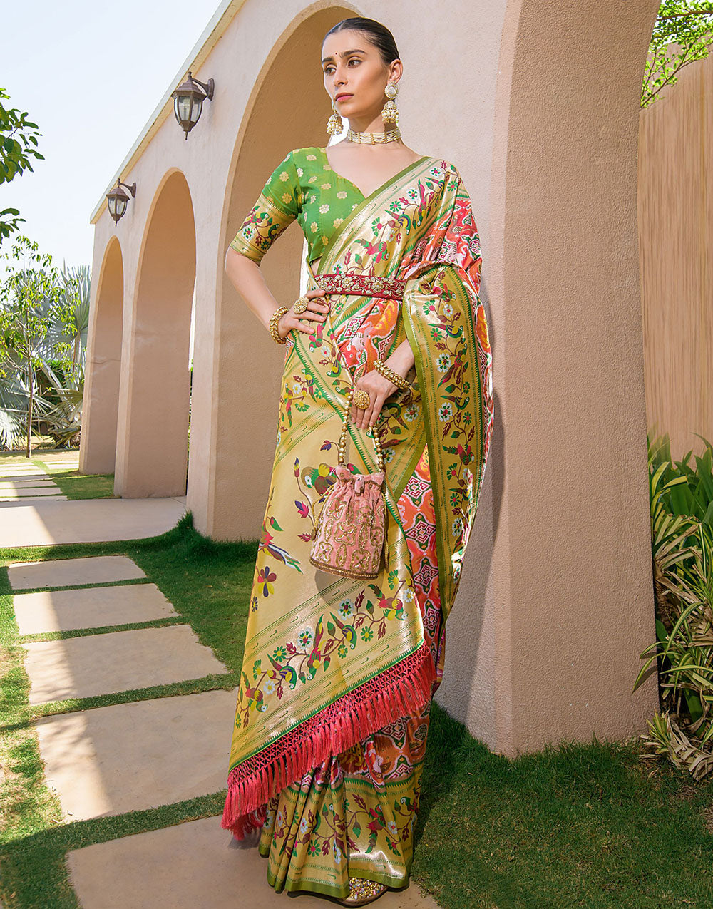 Apricot Orange Paithani Silk Saree With Zari Weaving Work