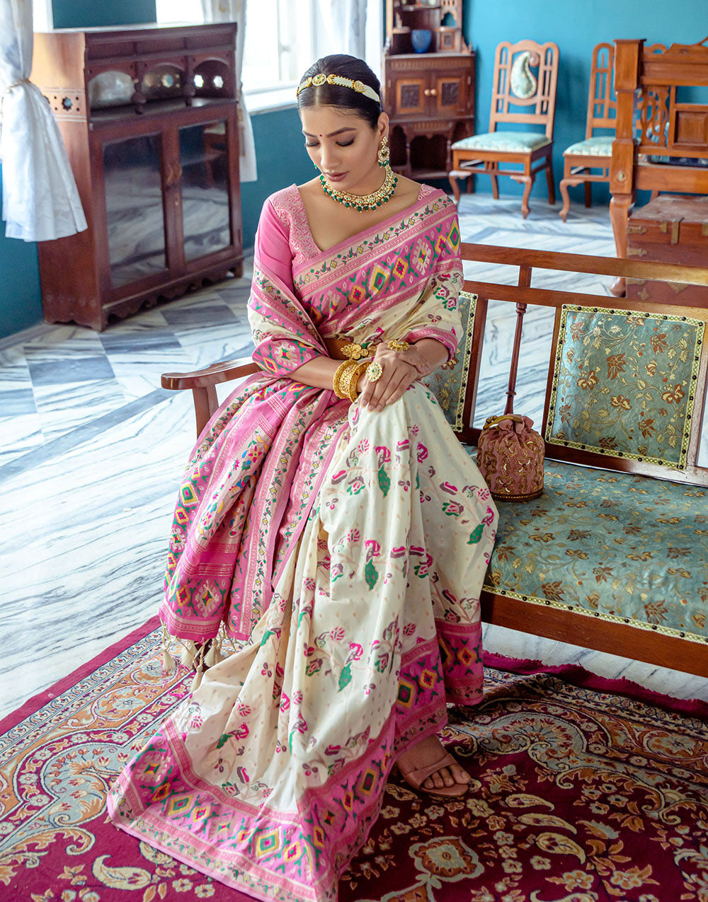 White Paithani Silk Saree With Zari Weaving Work