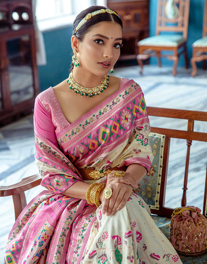 White Paithani Silk Saree With Zari Weaving Work