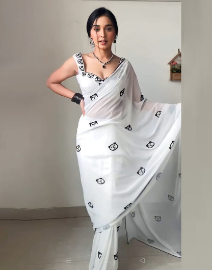 White Georgette Ready To Wear Saree