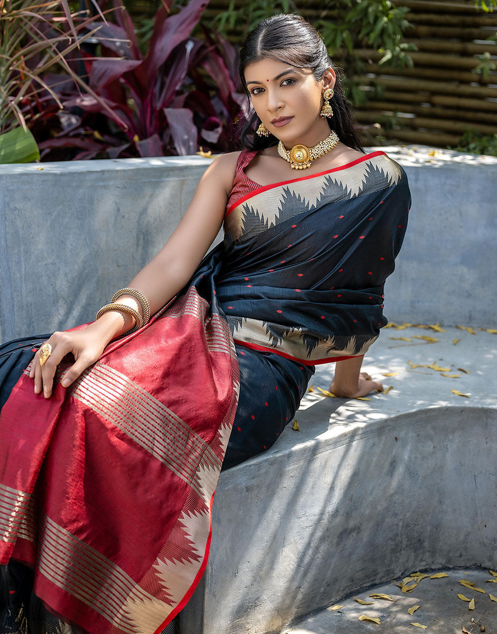 Black Tussar Silk Saree With Weaving Work