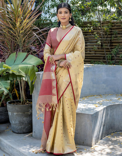 Cream Tussar Silk Saree With Weaving Work