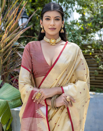 Cream Tussar Silk Saree With Weaving Work